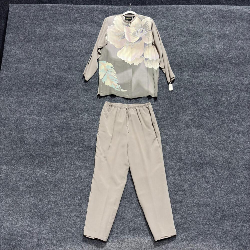 Vintage Mureli 2 Piece Shirt Pants Set Womens L Gray Silk Floral Print High Neck